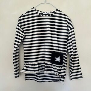 Deux par Deux Kids Striped Long Sleeve T-Shirt with Faux Fur Star Pocket Size 10